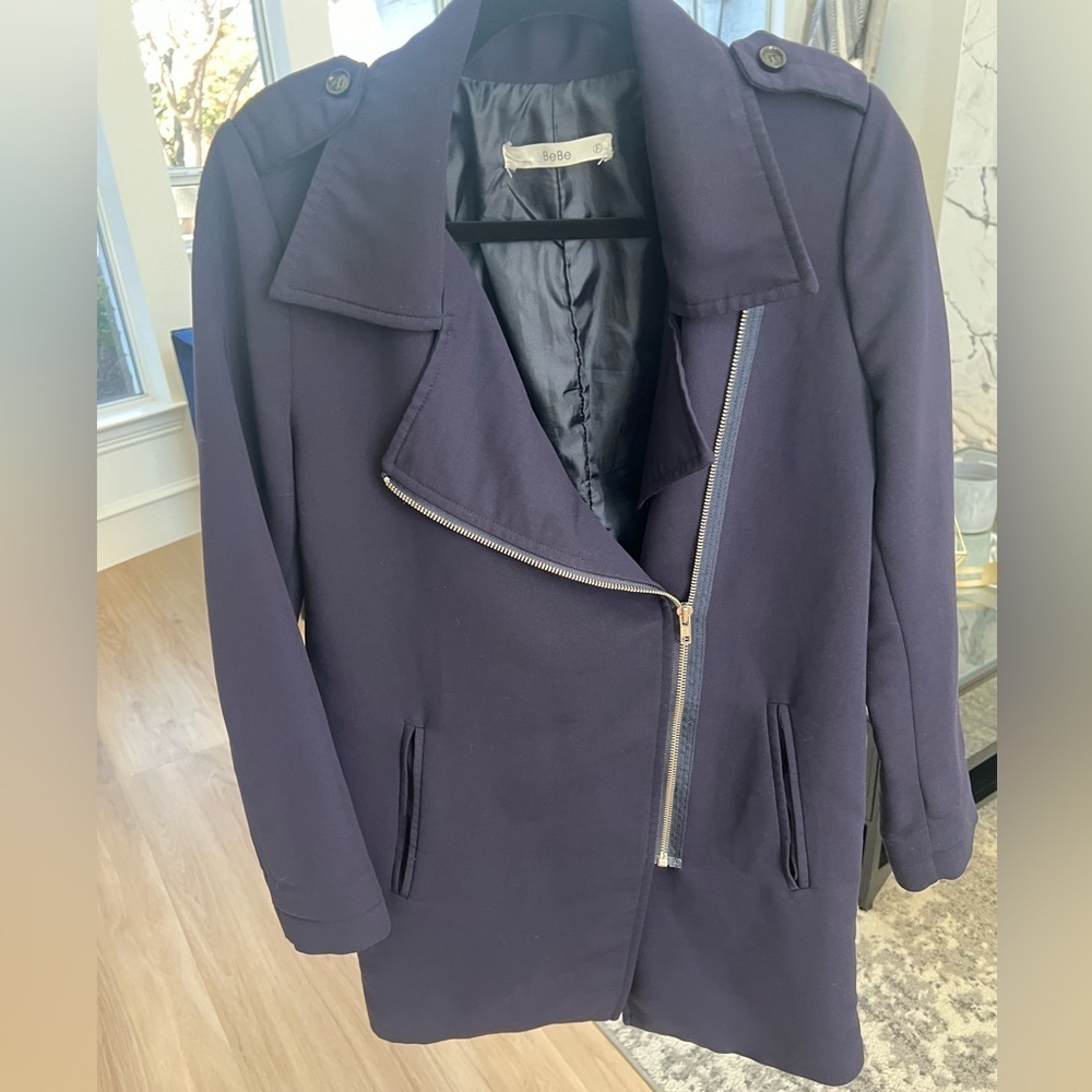 BEBE Navy Asymmetrical Zip Coat